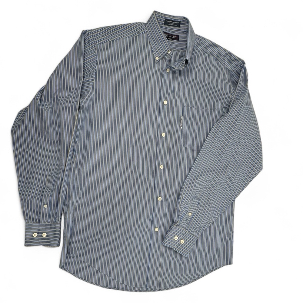 Faconnable Dress Shirt Men 15.5R Blue Yellow Stripe Button Up Long Sleeve‎ READ